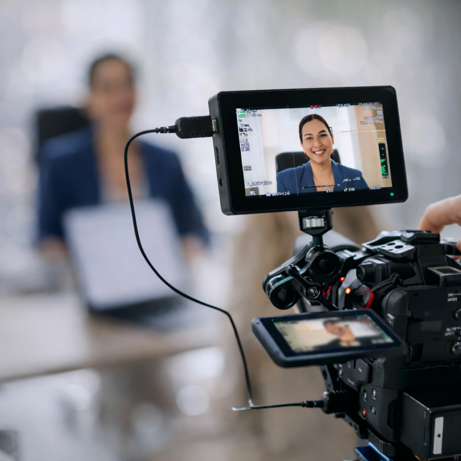 Prestation vidéo Femme souriante en blouson bleu, filmée avec un caméscope devant un ordinateur.
