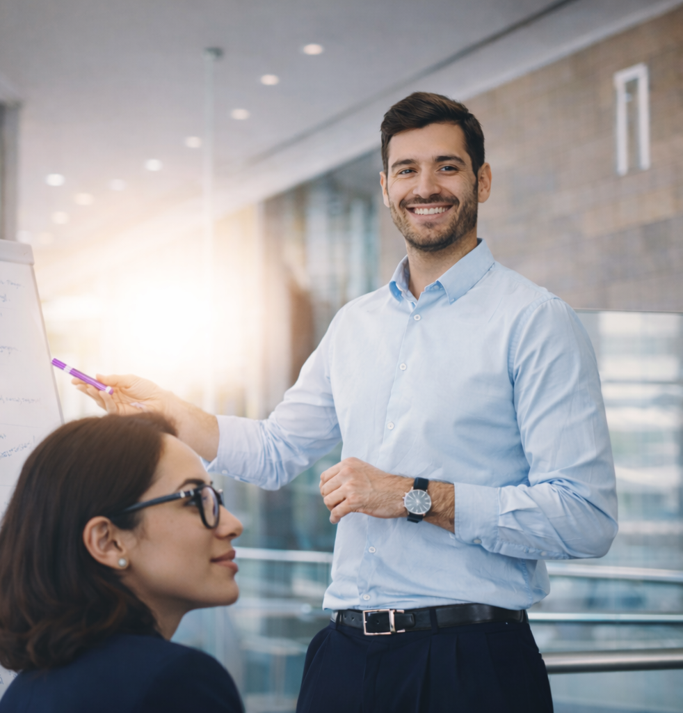 Homme souriant présentant des idées à une femme dans un bureau moderne.
