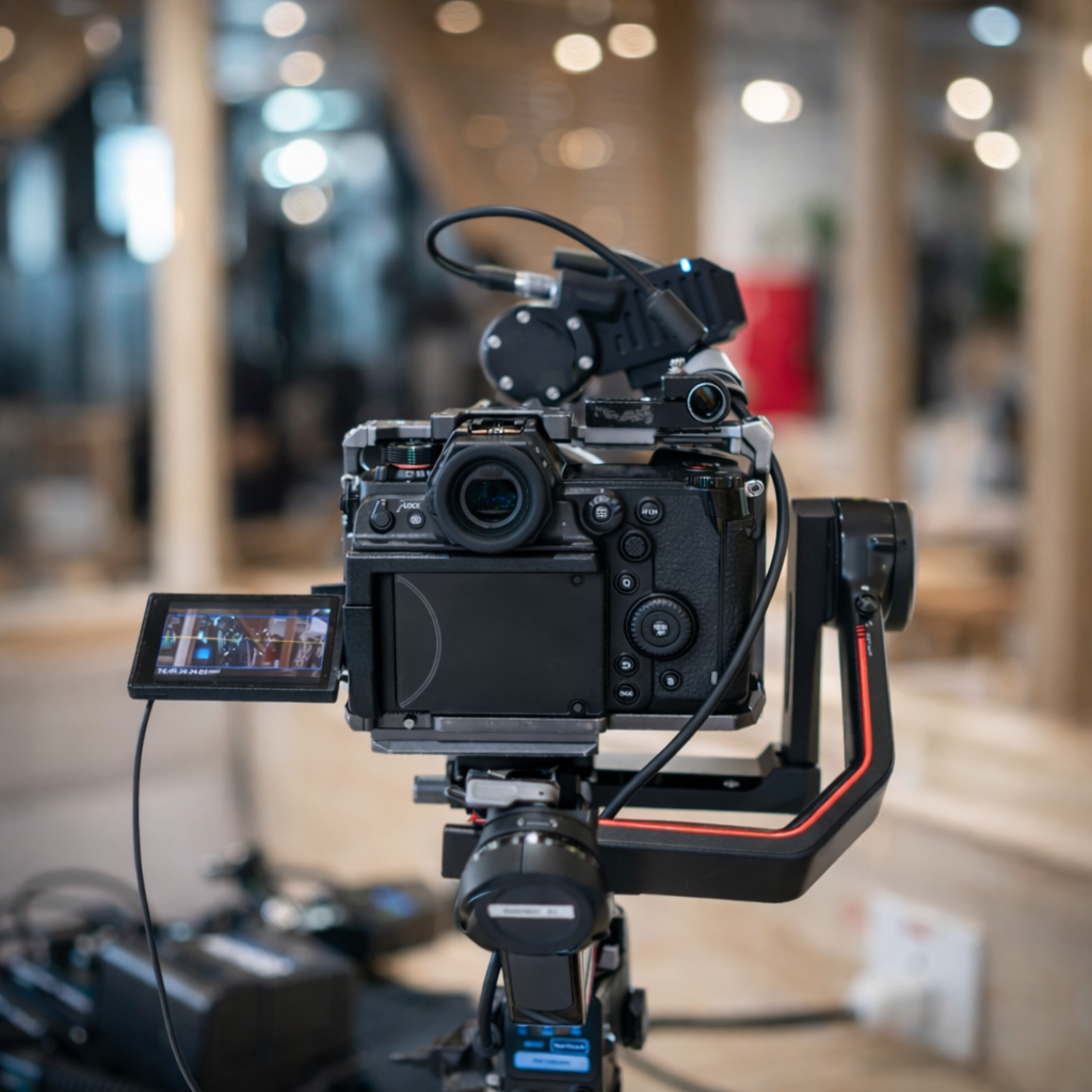 Marketing vidéo sur LinkedIn Appareil photo professionnel monté sur un stabilisateur avec un écran de prévisualisation.