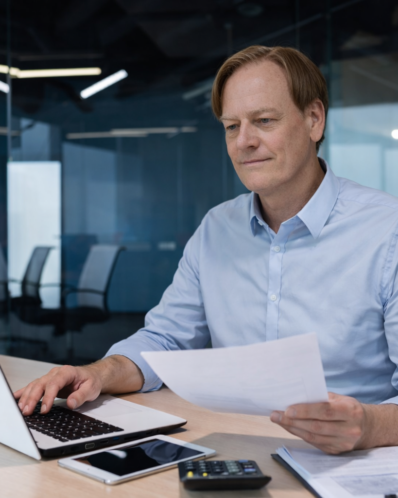Olivier Dupont expert en vidéo LinkedIn Homme travaillant sur un ordinateur portable, consultant des documents, dans un bureau moderne.