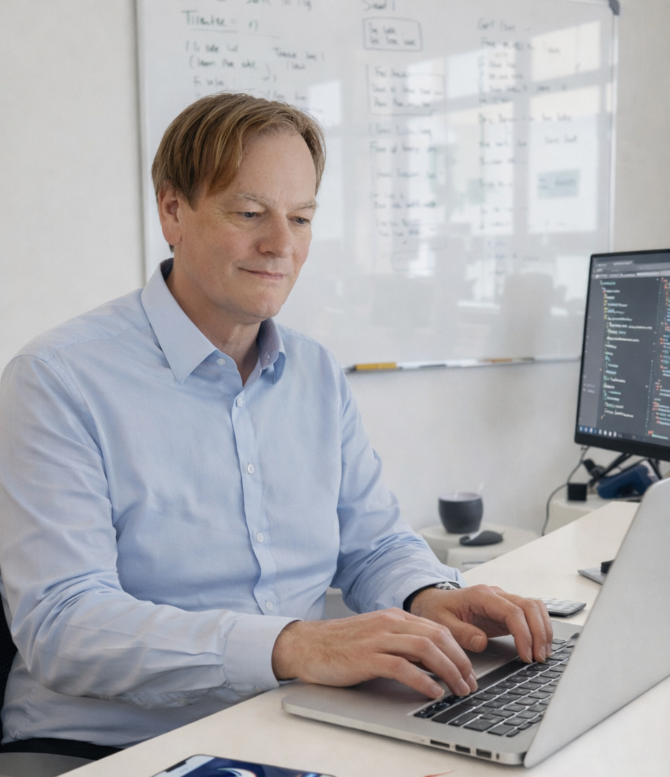 Olivier Dupont expert en marketing vidéo LinkedIn et marque personnelle Homme avec un ordinateur portable, travaillant dans un bureau lumineux et moderne.